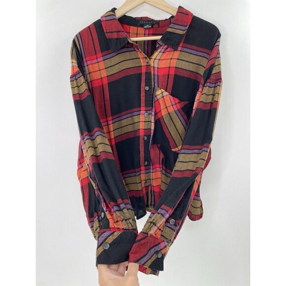 Sanctuary Plus Size Cropped Flannel Multicolor Plaid Puff‎ Sleeve Top Sz 2x Boho - Picture 8 of 10